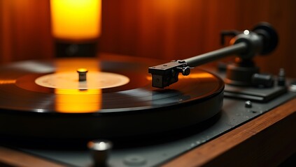 A close-up of a vinyl record spinning on a turntable with warm ambient lighting – evoking nostalgia, analog sound, and vintage culture.

