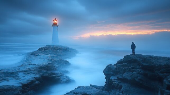 A lone lighthouse standing tall and proud on a rocky coastline, guiding ships through stormy seas It symbolizes hope, safety, and resilience against the elements