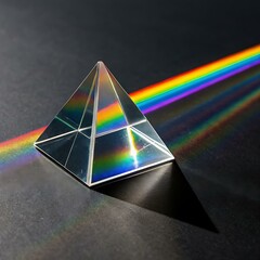 Glass Prism with Rainbow Light Refraction on Black Surface – Minimal Futuristic Art
