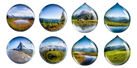Scenic Mountain Landscapes with Water Reflections and Nature Views, Isolated on Transparent, white background