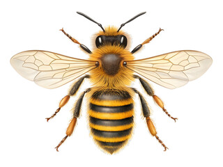 Detailed illustration of a honeybee with open wings isolated on a black background