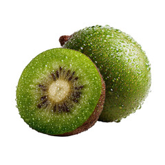 Fresh juicy kiwi fruit slices with water droplets close up photography on transparent background