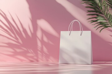 Blank shopping bag on pink backdrop with tropical leaf shadows