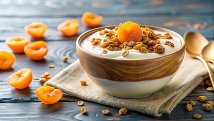 A bowl of creamy yogurt topped with crunchy granola and sweet dried apricots