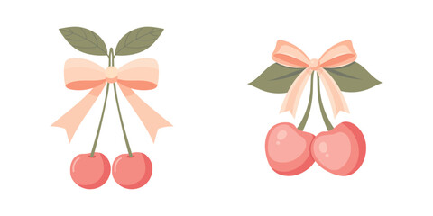 Two cherries with a bow coquette. A charming bow coquette with a pink ribbon and red cherries on a light background. A delightful Valentine's Day present.