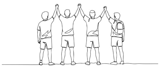 Four friends standing together with back view, holding hands up, line art style. vector illustration