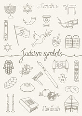 Judaism religion line vector icons set. Jewish identity objects and religious items, food and calendar for religious holidays and festivals.