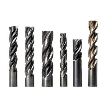 A close-up shot of a set of various drill bits, perfect for industrial usage. Showing their intricate designs and metallic sheen, all in a row