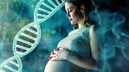 Data processing revealing DNA strands alongside a pregnant woman in a serene atmosphere, data processing and dna strand over pregnant caucasian woman wearing stethoscope - Powered by Adobe