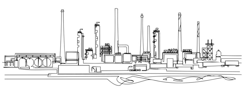 Line drawing of a large industrial complex, oil refinery with pipes and structures. vector illustration