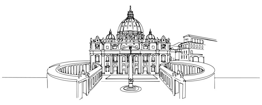 Line drawing of St. Peter's Basilica in Vatican City. vector illustration