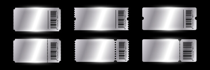 Silver empty tickets templates set. Coupon, sticker, discount tag mockups isolated on black background. Cinema, theater, concert, party, event, festival invitation entrance. Vector illustration.