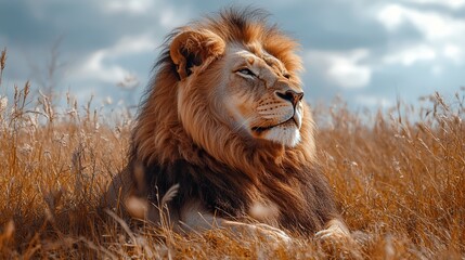 A majestic lion rests in the tall grass of the African savanna, its powerful presence radiating strength and tranquility under the warm gaze of the midday sun