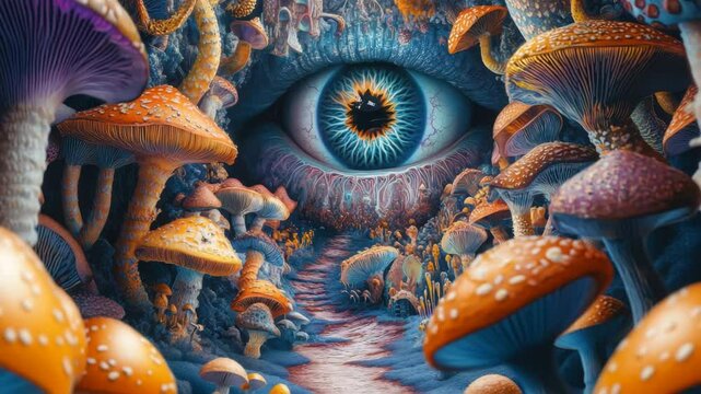 Explore the mystical realm of trippy psychedelic mushrooms and the open third eye experience in a vibrant landscape, Open third eye Trippy 3D psychedelic mushrooms magic tunnel beautiful background - Powered by Adobe