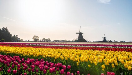 Tulip field under bright sunlight with windmills in the background