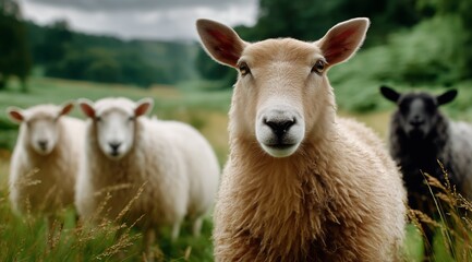 Obraz premium Sheep Grazing Peacefully in a Lush Green Meadow Under a Cloudy Sky