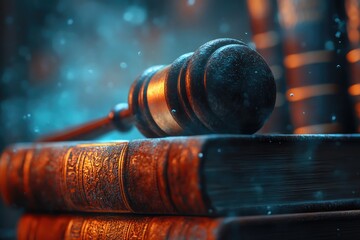Dramatic, cinematic still life: A gavel rests upon aged, ornate books. The blue and gold lighting creates a mystical legal atmosphere.
