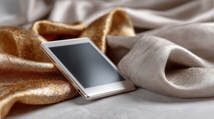 E-book reader with wide blank screen resting on neutral fabric background perfect for soft marketing text, 