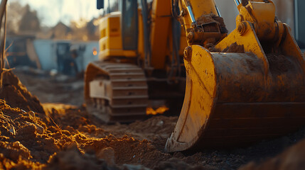 Construction Site with Excavator Digging Soil