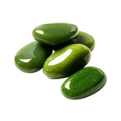 Polished green gemstones arranged in a small pile, featuring smooth textures and glistening surfaces. The stones are a rich, vibrant green color, contrasting with the neutral backdrop.