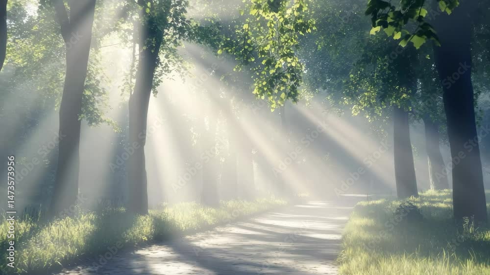 Poster Volumetric light rays illuminate a foggy forest path surrounded by lush trees at dawn, 4k of light with fog Volumetric light, rays of light, glare, sun