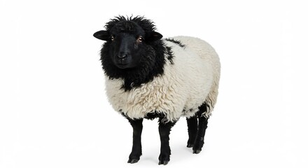 Obraz premium 白い背景 美しい黒と白の羊 静かに立つ 毛並みふかふか. AI Generated