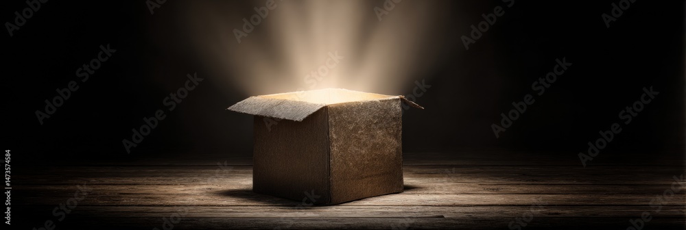 Poster Glowing Box Opening With Dazzling Light in a Dark Setting Creating a Mysterious Atmosphere