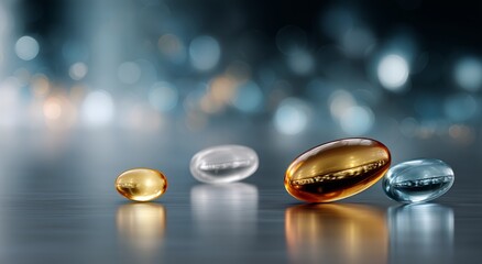 Different Types of Dietary Supplements on a Reflective Surface in a Modern Setting