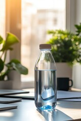 Clear Water Bottle on Table with Natural Light and Green Plants