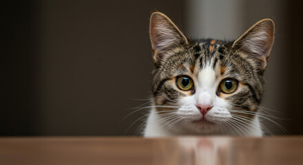 Obraz premium Close-up of a multicolored domestic short-haired cat peering over a wooden surface. Intrigued gaze with a blurred background.