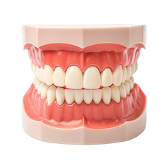 Obraz premium A dental model displaying a full set of human teeth with gums, used for educational and demonstration purposes, isolated on transparent background.