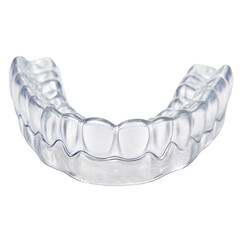 Clear dental aligner designed for orthodontic teeth straightening, isolated on transparent background.
