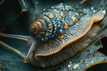 Detailed macro shot of a snail on a leaf