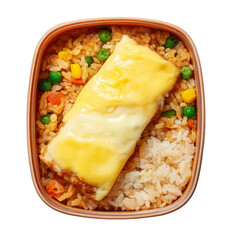 A close-up overhead shot of a delicious meal in a square box