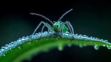 Dew-covered katydid perched on a leaf
