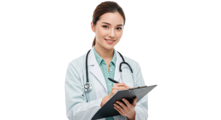 Smiling Female Doctor Writing on Clipboard, Isolated on Transparent PNG Background