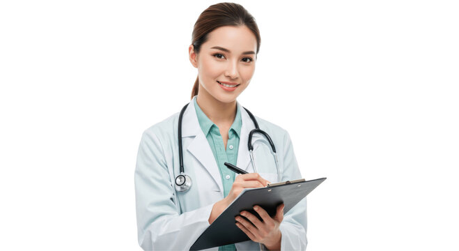 Smiling Female Doctor Writing on Clipboard, Isolated on Transparent PNG Background - Powered by Adobe