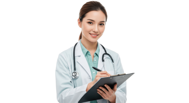 Smiling Female Doctor Writing on Clipboard, Isolated on Transparent PNG Background - Powered by Adobe