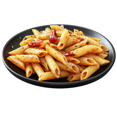 D realistic-style image of a black plate of penne pasta with hot pepper,