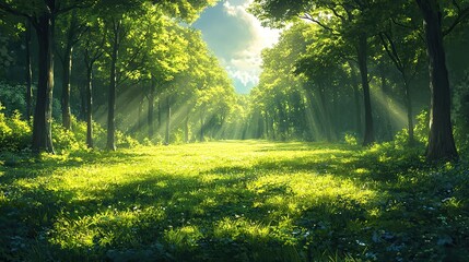 Fototapeta premium A peaceful forest clearing bathed in soft sunlight, with tall trees casting long shadows and a gentle breeze rustling the leaves A sanctuary of natural calm