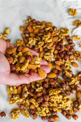 Mix of nuts as a background. Top view. 