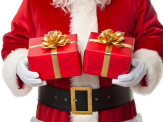 Santa claus holding two festive christmas gifts wrapped in red with gold bows