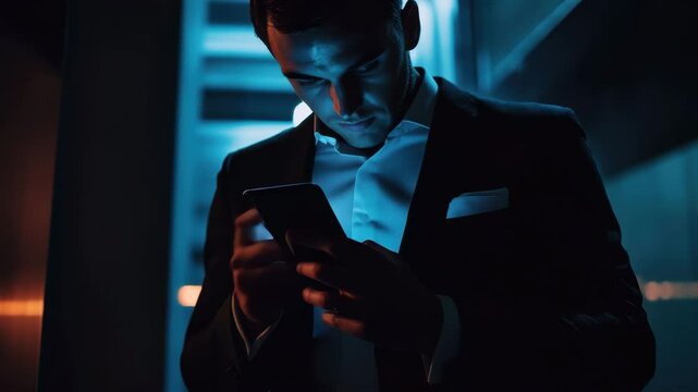 Businessman clarifying details on smartphone in modern office setting during evening hours, business man using a smartphone to clarify the necessary information