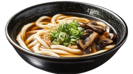 Delicious Udon Noodle Soup with Mushrooms and Sesame Seeds A Culinary Delight in a Black Bowl