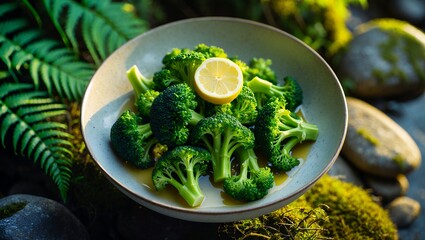 Fototapeta premium Serving of Steamed Broccoli with Lemon Slice on Mossy Outdoor Setting