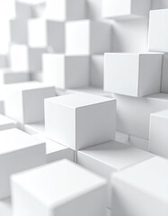 A collection of white cubes arranged abstractly, creating a minimalist and modern aesthetic, emphasizing depth and dimension