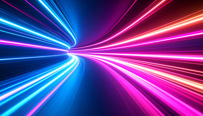 Colorful light trails create a dynamic sense of movement, resembling a futuristic tunnel filled with vibrant blue and pink hues