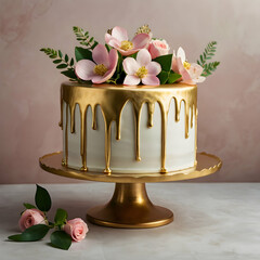 Elegant Gold Drip Cake with Pink Floral Decoration