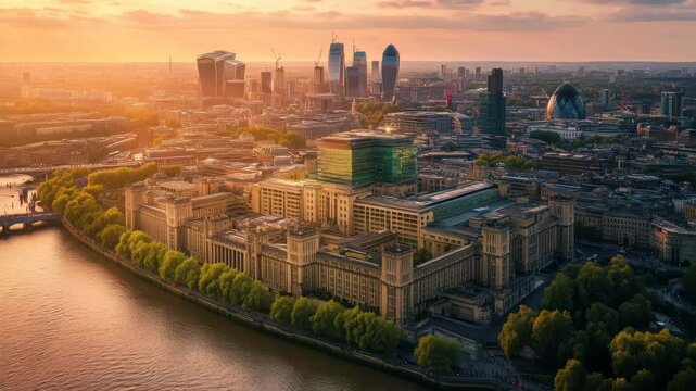 Stunning aerial view of sunset over London highlighting cityscape and river, Aerial sunset view MI6 Building and London cityscape