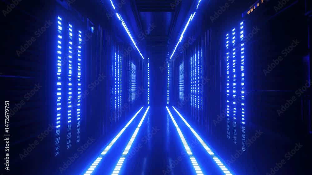Poster Vivid blue lights create an immersive tunnel effect in a futuristic space environment, 3D rendered vertical of blue lights through space